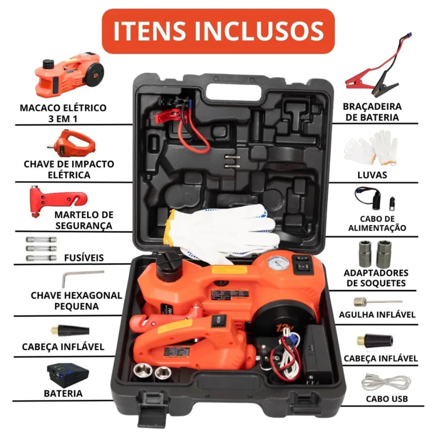 + KIT DE EMERGÊNCIA - Macaco Hidráulico Elétrico 5 em 1